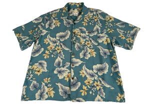 Banana Cabana Shirt Mens XL Blue 100% Silk Hawaiian Floral Camp Short Sleeve